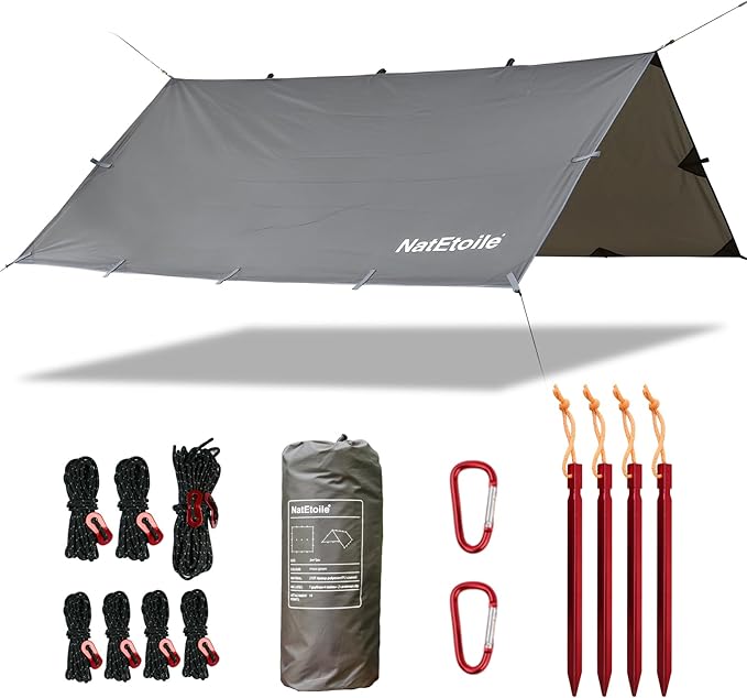 Camping Tarp by NatEtoile - Versatile 10X10 ft Portable Rain Fly for Hammock with 19 Tie-OutsPU 5000mm Waterproof Sunproof Tarp Shelter - Ideal for Camping Hiking Backpacking and Hammock Cover