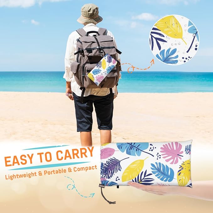 Waterproof Sandproof Beach Blanket 59''×68'' Leaves Collection Polyester Outdoor Picnic Blanket with 4 Stakes &amp Storage Bag for BeachCampingVacation White
