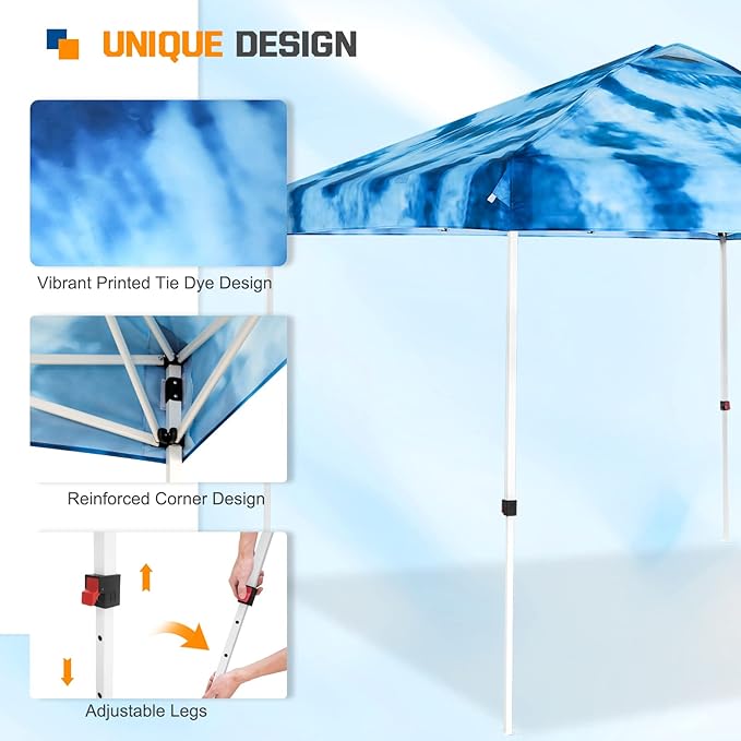 EAGLE PEAK Pop Up Canopy Tent with Wheeled Carry Bag 8 Stakes 4 Ropes 4 Weight Bags Easy Set Up Tent Canopy 10x10 ft 100sqft of Shade Tie Dye Blue