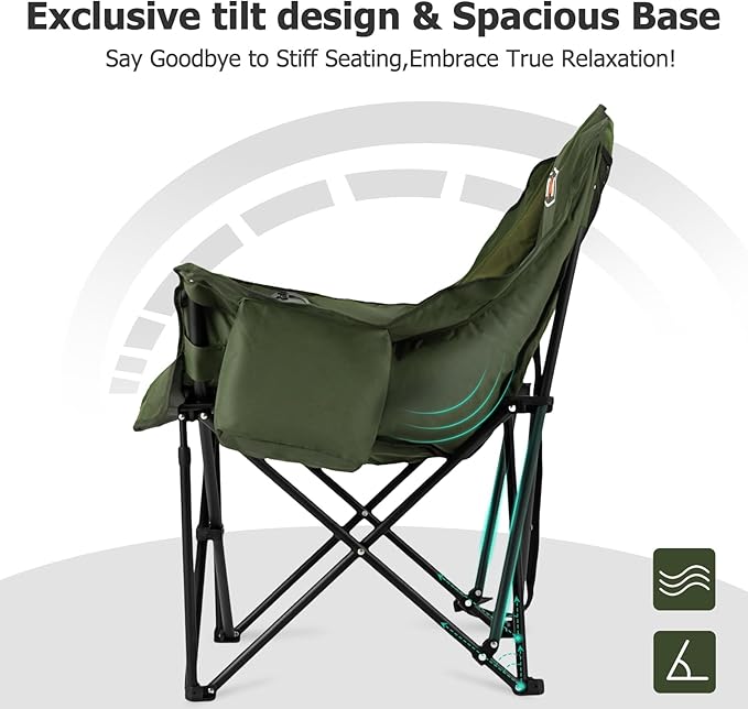 Overmont Oversized XL Camping Chair for Adults - 400lbs Support Heavy-Duty Padded Folding Chair with Side Pocket Cup Holder Cooling Bag for Outdoor Sports Garden Beach Fishing Lawn Green