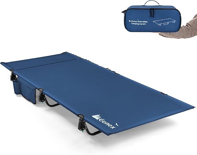 Gonex 31.5 Extra Wide Camping Cot with Premium Pillow Pocket Supports 350lbs Portable Ultralight Folding Cot Bed for Adults Travel Beach Home Sleeping (Blue)