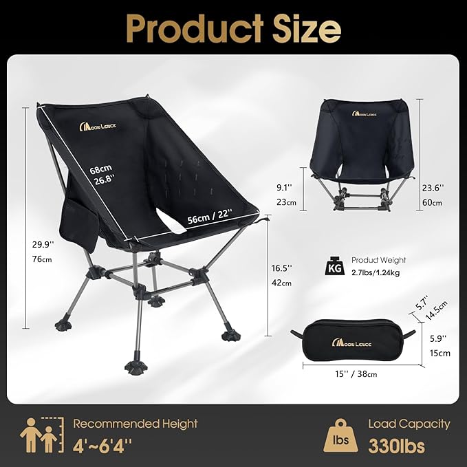 MOON LENCE Camping Chair Plus Upgraded Comfort &amp Size Still Compact and Lightweight Folding Portable Chair for Backpacking &amp Hiking 400Lbs Capacity Gen 3 Plus (Black)