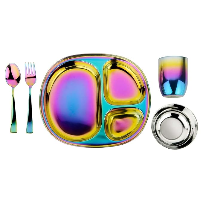 Ahimsa Stainless Steel Kids Dinnerware Set Pediatrician Designed 5 Piece Toddler Plates and Bowls Set Stainless Steel Divided Plate Cup and Kids Utensils Rainbow