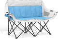MoNiBloom Collapsible Double Camping Loveseat Chair Outdoor Beach Lawn Picnic Hiking Travel Portable Foldable Collapsible 2-Person Love Seat Camp Chair for Adults (Sky Blue and Light Gray)
