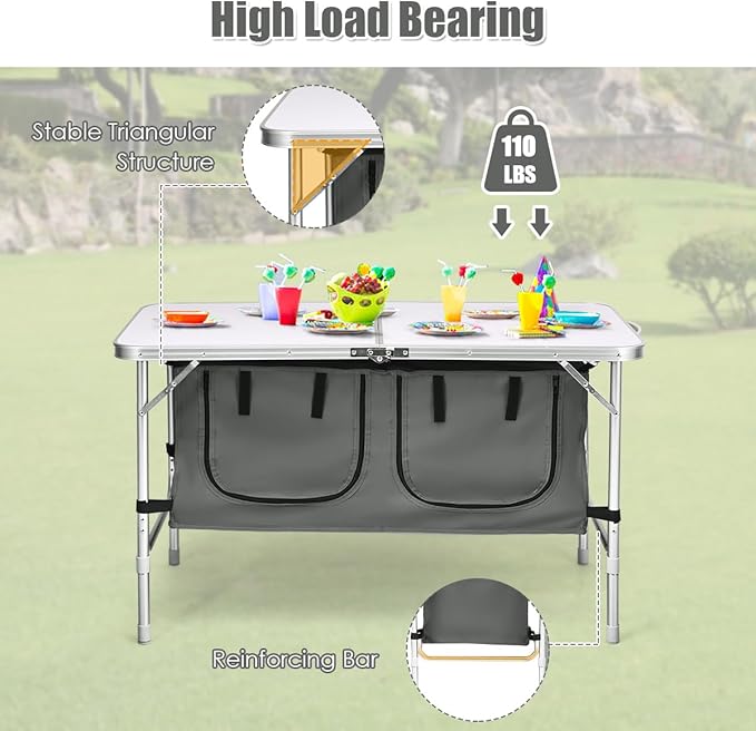 Goplus Folding Camping Table with Storage Aluminum Outdoor Camp Table with 2-Level Adjustable Height Lightweight Portable Foldable Picnic Table for Tailgating Beach BBQ Party RV