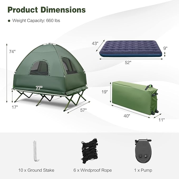DORTALA 2-Person Tent Cot Foldable Elevated Camping Tent w/Air Mattress &amp Sleeping Bag Portable Dome Camping Tent Cot for Hiking Camping &amp Picnic