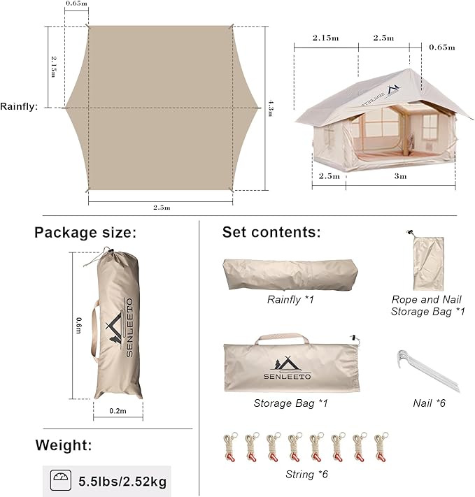 SENLEETO 10' x 8' Camping Tent Tarp Fits for 6/8 People 4 Season UV ProtectionPU 3000mm Waterproof Multifunctional Ultralight Shelter Awning Sunshade Portable for Traveling Hiking Outdoors