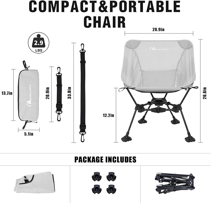 MOON LENCE Portable Camping ChairLightweight Backpacking Hiking ChairsCompactFoldablewith Anti-Sinking Large Feet for Beach330 lbs Capacity (Grey Standard)