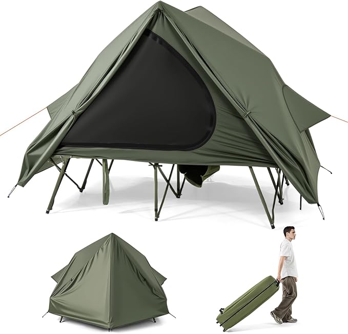 GYMAX 2-Person Camping Cot Tent Foldable Off-Ground Cot Bed Combo with Portable Wheeled Bag Waterproof Rainfly 2 Mesh Doors &amp Skylight Roof for Adults Hiking Backpacking Outdoor