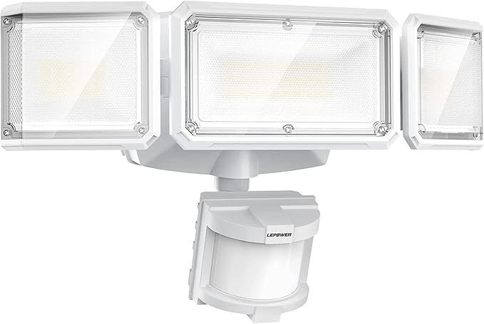 LEPOWER Battery Powered LED Flood Light Outdoor1500LM Motion Sensor Security Lights IP65 WaterproofWireless Flood Light Battery Operated3 Head Motion Detector Light for GarageYardPorch(White)
