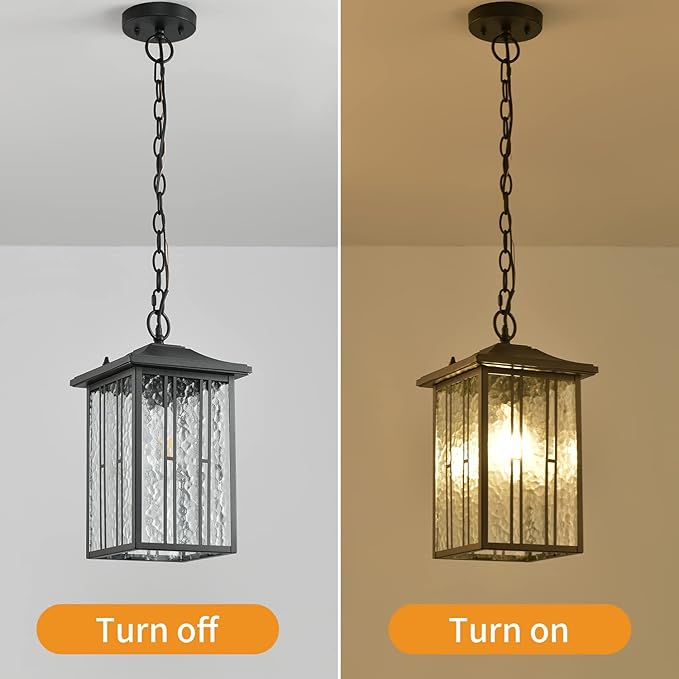 Outdoor Pendant Light Black Exterior Hanging Lights LED Outdoor Chandelier Modern Hanging Lantern for Porch Ceiling Entry Porch Patio Matte Black with Water-Rippled Glasses