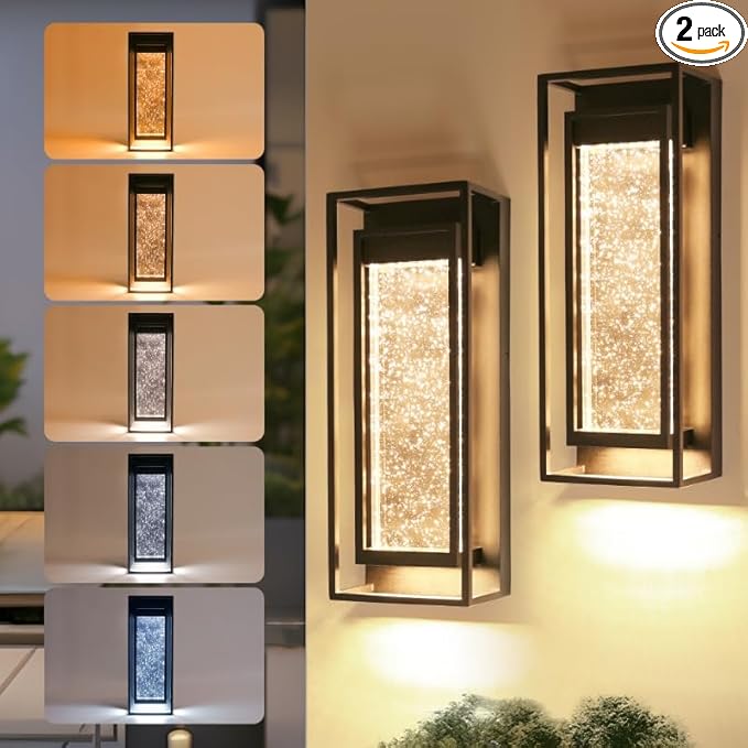 LUTEC 2 Pack Outdoor Wall Light Fixtures 5 Color Temperature Porch Light Wall Sconce with Crystal Bubble GlassWaterproof Outdoor Wall Lanterns Modern Outside Lights for House Front Door Garage