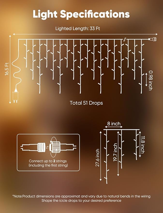 Brightown Icicle Christmas Lights Outdoor 33FT 1020 LED Cluster Icicle Lights with 51 Drop12 Mode Connectable Firecracker Light with Timer Waterproof Christmas Light Outdoor Warm White