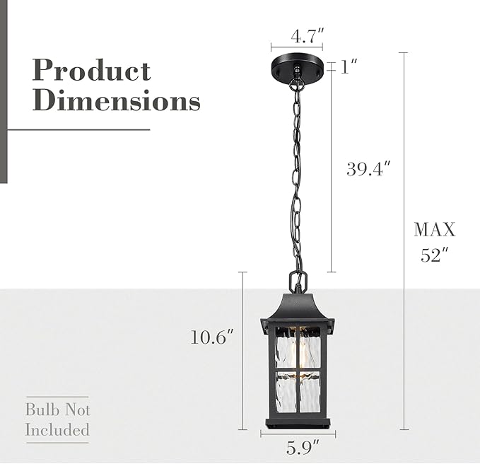 Emliviar Modern Outdoor Hanging Lantern with Dusk to Dawn Sensor 10.6 Inch Pendant Lighting Fixture for Porch in Black Finish Water Ripple Glass YXE306H-PC BK-SW