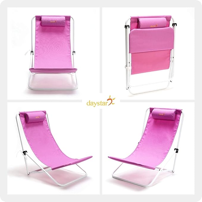 SUNNYFEEL Folding Low Beach Chair High Back Lightweight Portable Sand Chair with Pillow for Adults Heavy Duty 300 LBS Easy-to-Use Foldable Camping Chairs for Camp/Lawn/Outdoor/Travel/Picnic