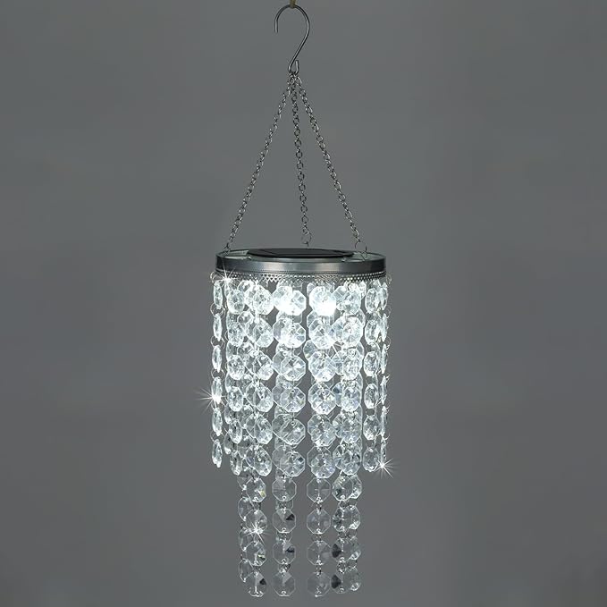 Hanging Solar Crystal Chandelier Outdoor 21” Modern Solar Transparent Acrylic Beaded Lantern with Cool White LED S Hooks for Garden Yard Patio Gazebo Outside Decor