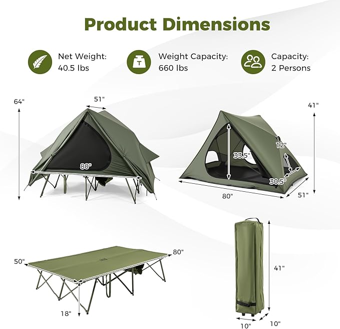 GYMAX 2-Person Camping Cot Tent Foldable Off-Ground Cot Bed Combo with Portable Wheeled Bag Waterproof Rainfly 2 Mesh Doors &amp Skylight Roof for Adults Hiking Backpacking Outdoor