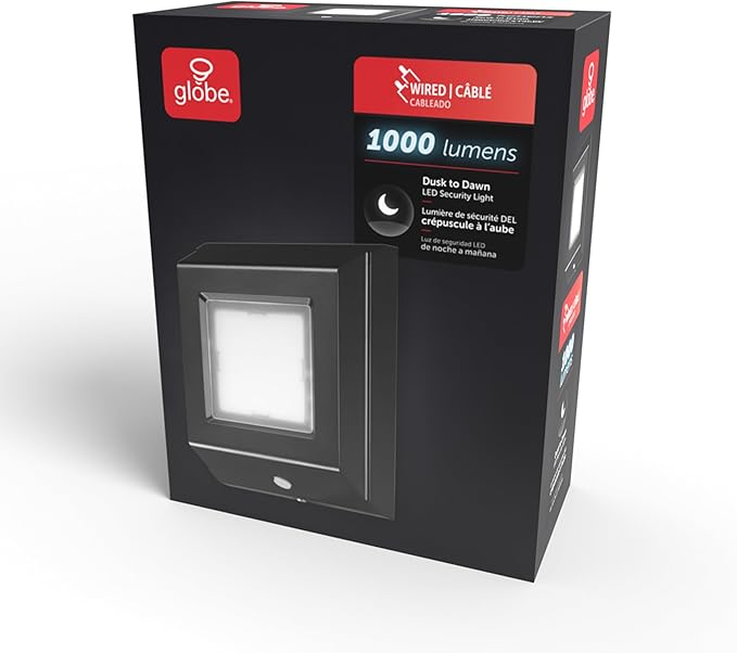 GLOBE Electric 10W Slim Black 1000 Lumens Hardwired Automatic Dusk to Dawn Outdoor Integrated LED Flood Light Security Light Spotlight Outside House Lights