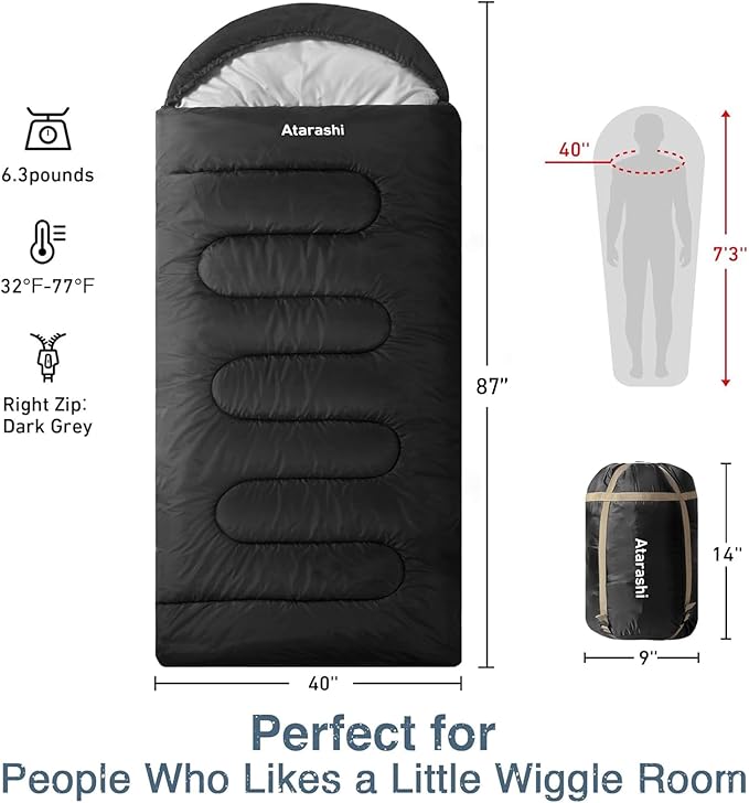 Atarashi Camping Sleeping Bag- 4 Seasons for Adults Light Warm Extra-Large with Compression Sack- Great for Hiking Backpacking &amp Outdoor Adventures