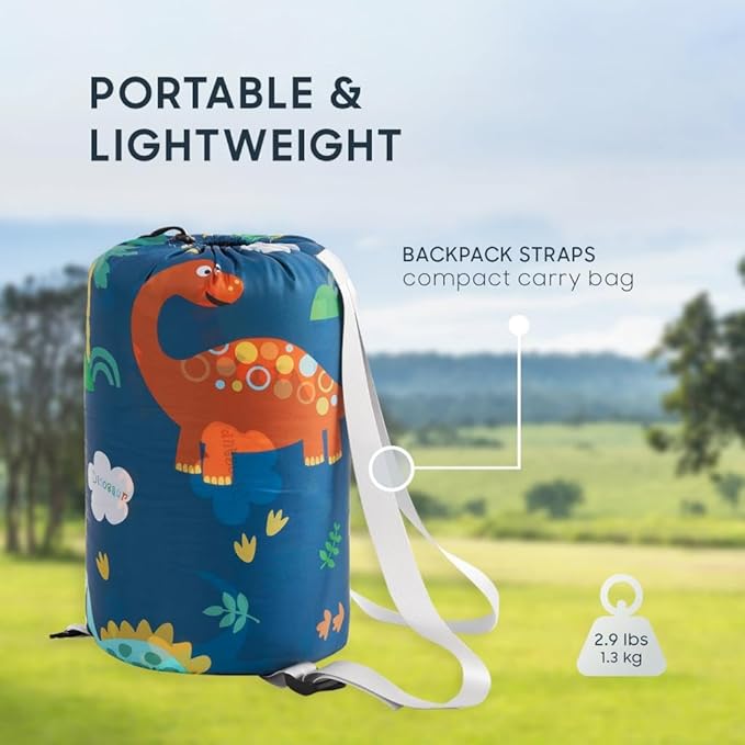 Wake In Cloud - Kids Sleeping Bag for Boys Toddlers Camping in Warm Cold Weather Backpacking Lightweight Compact Outdoor Liner for 3 Seasons Cartoon Jurassic Dinosaur