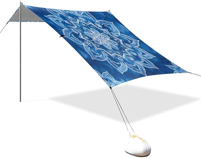 Blue Mandala Pattern Beach Tent Sun Shelter 9.2' x 10.5' Beach Canopy with 4 Sandbags 4 Stability Poles Sand Shovels - Tent Canopy for Beach Camping Fishing Picnics
