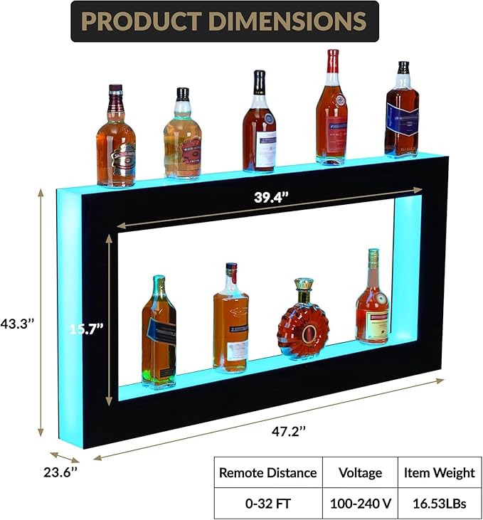 LED Lighted Bar Shelves Wall Mounted Wall Mounted Wine Rack Wine Bottle Holder 2-Tier 48 Inch Acrylic Whiskey Rack with Remote &amp App Control USB Powered for Home Bar &amp Commercial Use