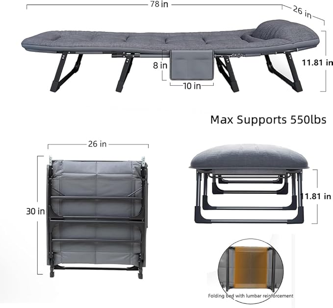 Portable Folding Bed Cot Recliner 6 Position Adjustable Backrest with Pillow Heavy Duty Steel Frame for Camping Office Nap Indoor Outdoor Use (Extra Large(78in))