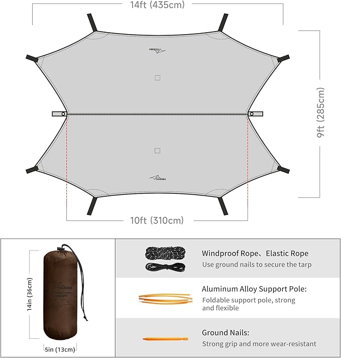 Ultralight Tarp 14ft Hammock Rain Fly Lightweight Waterproof Camping Tent Tarp with Doors Bushcraft Tarp Shelter for Backpacking Hiking Camping