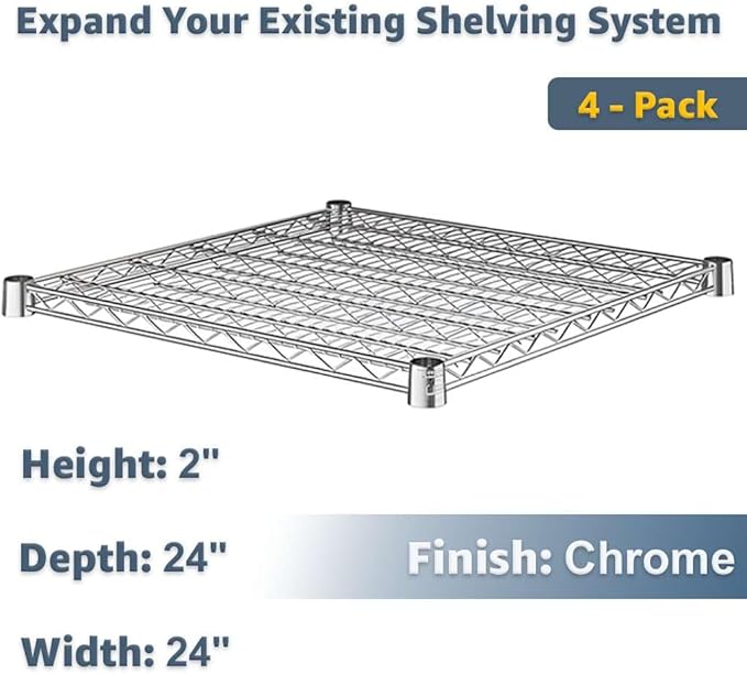 24 x 24 Replacement Wire Shelves 4 Pack for Storage Systems Chrome-Plated Steel Build NSF