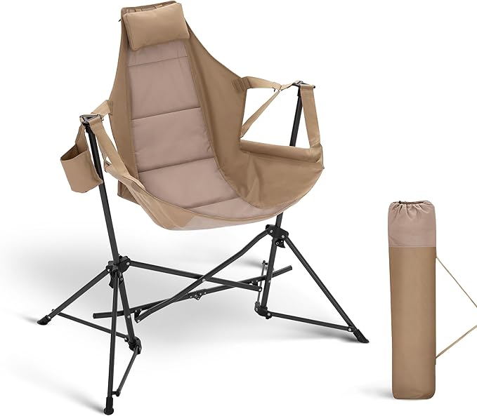 ALPHA CAMP Hammock Folding Rocking Chair with Cup Drink Holder High Back Padded Swinging Chair for OutdoorCamping LawnBackyardPicnic Steel Heavy Duty Portable Oversized(Khaki)