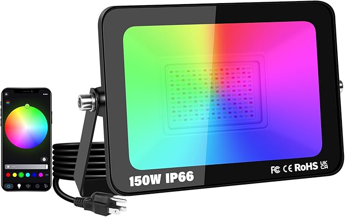 RIGIDON 1 Pack 150W LED Flood Light Outdoor with Plug Smart RGB DIY Scenes Color Changing Landscape Lighting with APP Control IP66 Waterproof Flood Lights for Garden Yards Stage House