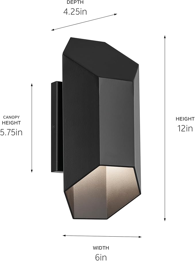 Kichler Estella 12 LED 1-Light Outdoor Wall Light in Black Dark Sky Compliant for Exterior Doors Garage Porch Patio Wall (12 x 6) 49607BKLED