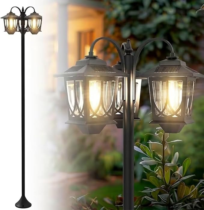 73 Aluminum Solar Lamp Post Light 3-Head Solar Light Poles for Outside Warm White 90Lm Dusk to Dawn Waterproof Floor Lamp for Front YardGarden Pathway Patio Replaceable Bulb