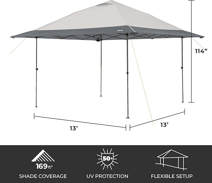 CORE 13 FT x 13 FT Instant Pop Up Canopy Tent | Portable Straight Leg Outdoor Gazebo Shelter with Wheeled Carry Bag | Perfect for Camping Beach Picnic Backyards BBQ Tailgate Patio and Party