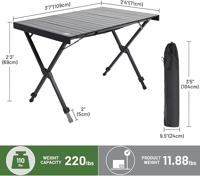 TIMBER RIDGE Folding Camping Table Adjustable Height 4-6 Person Lightweight Aluminum Roll-up Table for Camping Outdoor Picnic BBQ Backyard Party Support 220 lbs Black