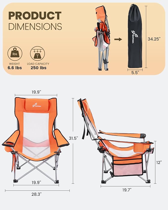 Sportneer Beach Chair: Adjustable Folding Chair with Cup Holder &amp Side Pocket - Portable &amp Compact Beach Chairs for Adults with Reclining Positions for Camping Picnic and Outdoor Orange