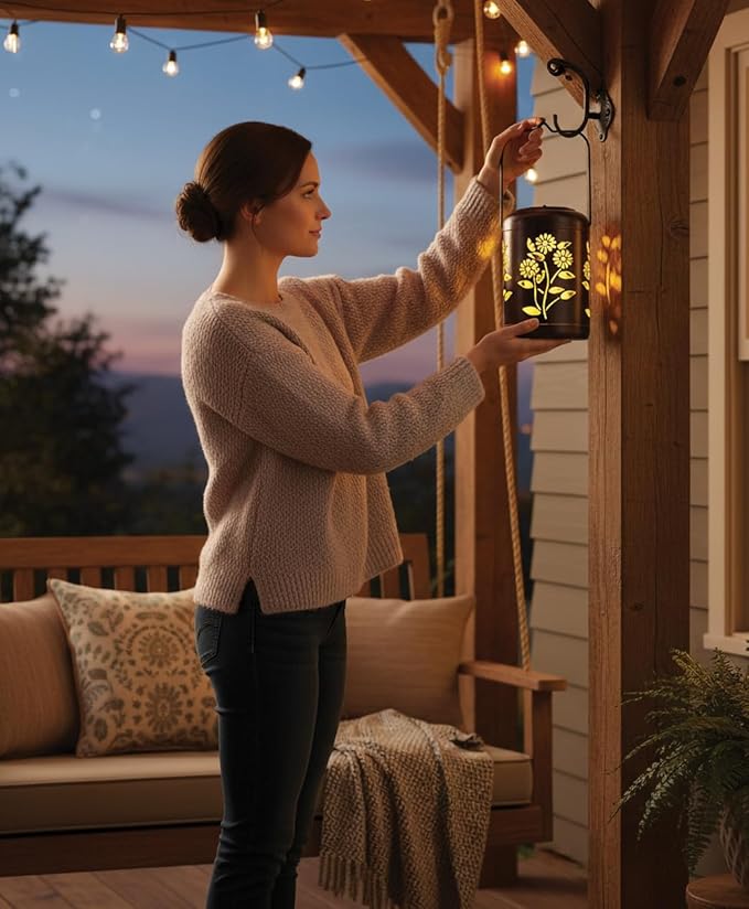 Regal Art &amp Gift Solar Flower Shadow Lantern Outdoor Waterproof Garden Décor Ideal Gift for Women Mom Grandma – Hanging Metal Solar Lights for Yard Patio Backyard Porch Gold