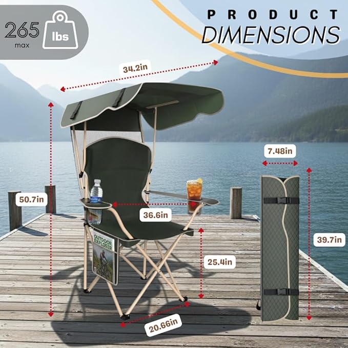 Portable Folding Camping Chairs with Canopy Shade Beach Chair for Adults Durable Weather Resistant 600D Oxford Cloth Camping Chair with Canopy for Outdoors [Olive Green-2 Pack]