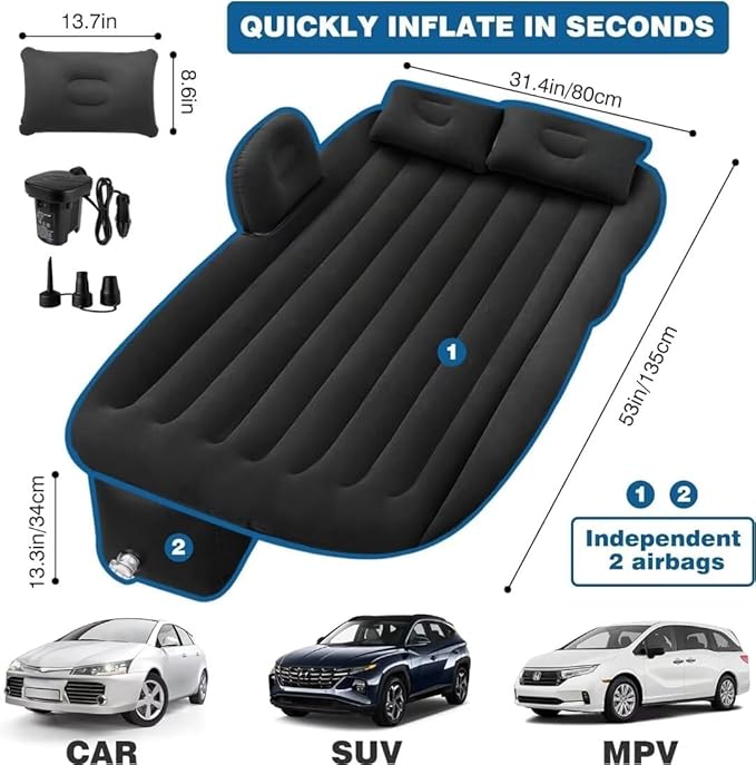 SUV Air Mattress - Thickened Double-Sided Travel Inflatable Car Bed With Electric Air Pump and 2 Pillows for Home Outdoor and Travel (Black)