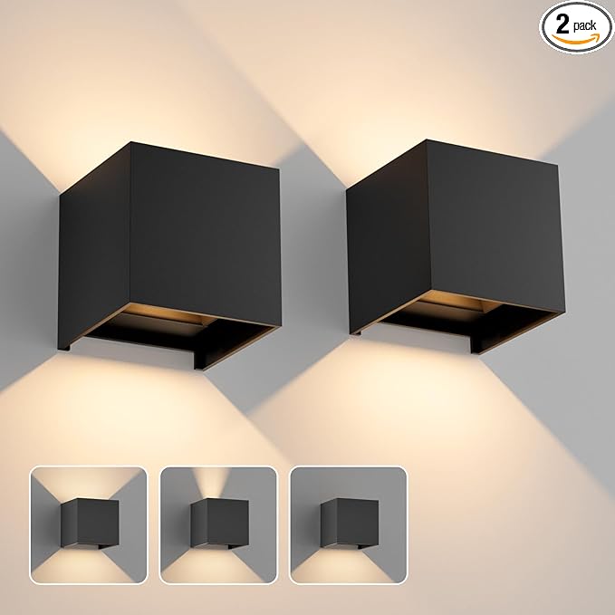 4.7inches Modern Cube Led Wall Light20W 3000K Up Down Hardwired Outdoor Wall SconcesIP65 Waterproof Aluminum Wall Lamp with Adjustable Beam Size for Garage Garden Porch Patio(Black2Pack)