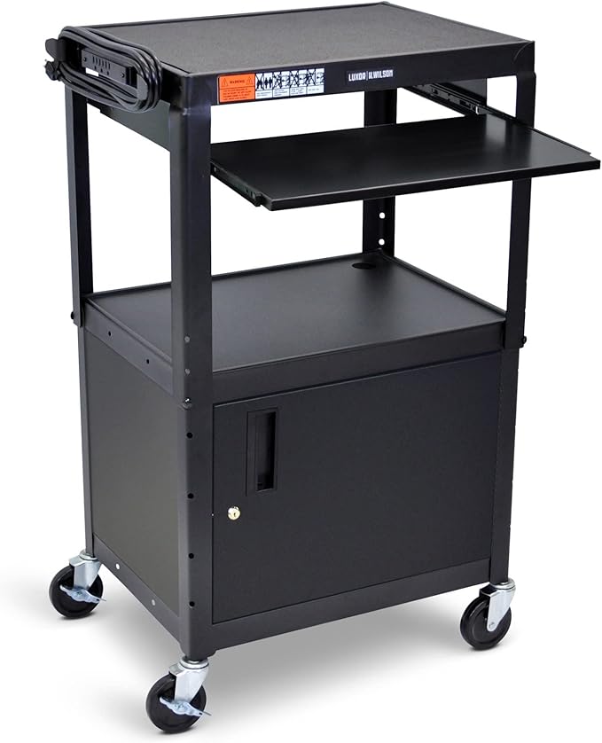 Stand Steady AV Cart with Locking Cabinet Adjustable Height UL Certified Steel Frame Black