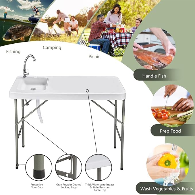Folding Fishing Cleaning Table with Sink 4ft Portable Foldable Camping Outdoor Table with Faucet for Picnic Camping Kitchen Gardening White