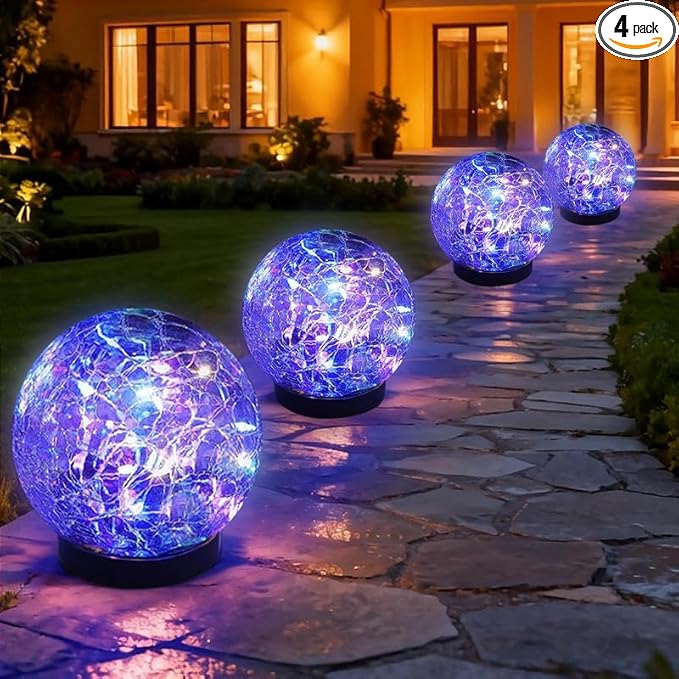 Solar Garden Lights Outdoor Waterproof 4 Pack Cracked Glass Ball Light Ground Landscape Garden Decor Solar Globe Decorative for Pathway/Patio/Lawn/Yard (Multicolor 4.7)