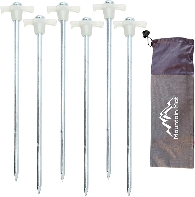 6-Pack Tent Stakes Heavy Duty 10.5 Steel Pegs with Glow-in-Dark Heads for Outdoor Mats Tents Rugs