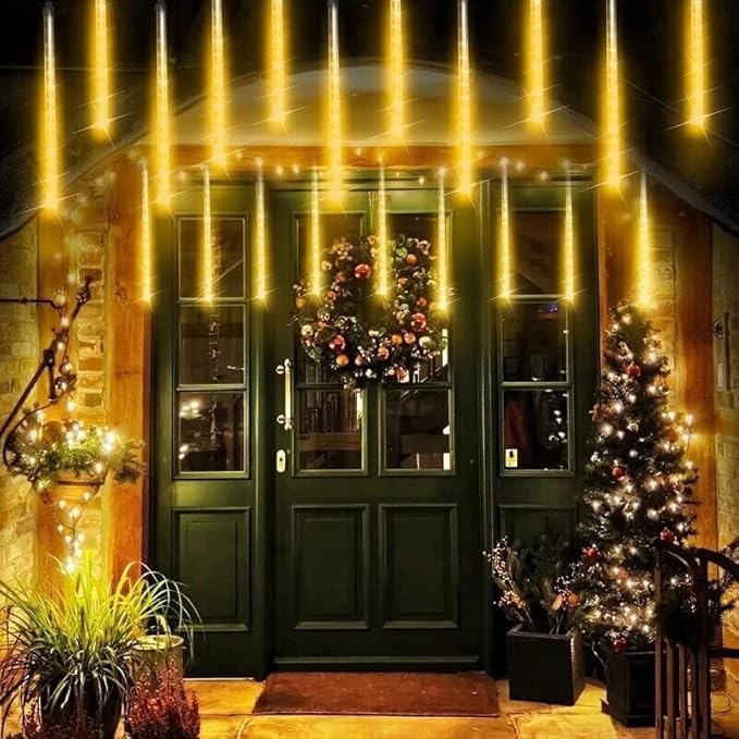 QITONG 2 Pack Extendable Meteor Shower Christmas Lights 16 Tubes 384 LEDs Plug in Christmas String Light Falling Rain Snowfall Light Cascading Lights for Xmas Tree Wedding Party (Warm White)