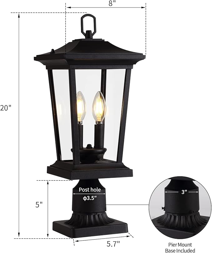 Outdoor Post Lights Cast Aluminum Lamp Post Light Fixture 2-Light Pole Mount Light with Clear Glass Outdoor Pier Mount Light Matte Black Finish