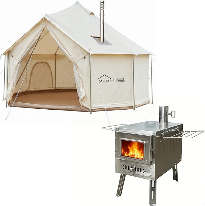 DANCHEL OUTDOOR B6 4 Season Glamping Wall Tent w/Large Wood Stove Camping No Center Pole Higher Side Wall 900D Flame Retardant Oxford for 4-8 Person Yurt Cabin Tent13ft/16.4ft