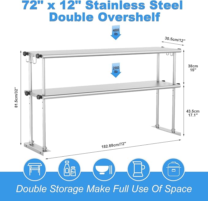 Double Overshelf of Stainless Steel 12'' x 72'' Weight Capacity 480lb Adjustable Commercial 2 Tier Shelf for 72 Prep &amp Work Table in Restaurant Home and Kitchen and Workshop