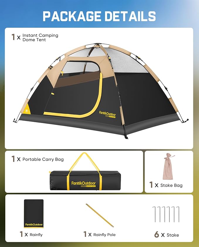 FanttikOutdoor Zeta C2/3/4 Camping Tent 2/3/4 Person Instant Dome Tent Easy Setup in 60s Portable Waterproof Cabin Tent with Pre-Attached Poles &amp Air Vent Ideal for Camping Hiking Backyard
