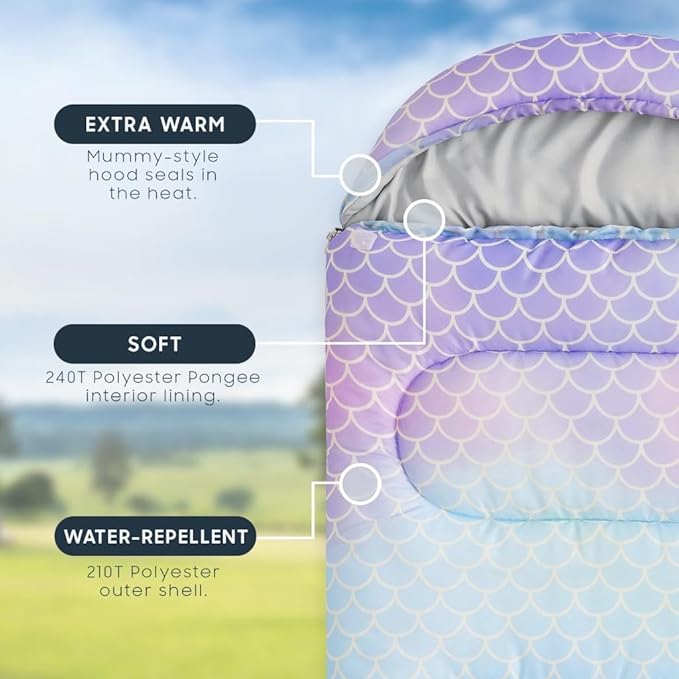 Wake In Cloud - Kids Sleeping Bag for Girls Toddlers Camping in Warm Cold Weather Backpacking Lightweight Compact Outdoor Liner for 3 Seasons Summer Spring Fall Mermaid Purple Blue